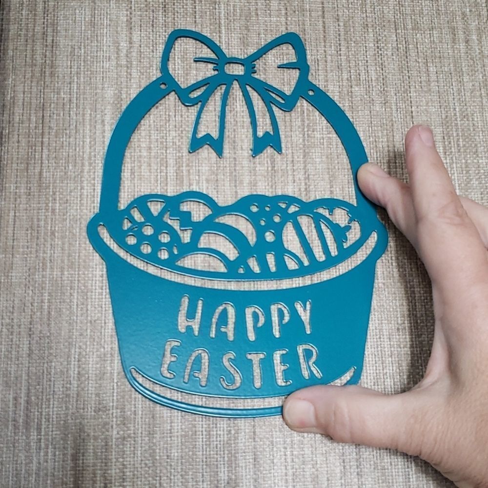 Brand New "HAPPY EASTER" Powdered Coated Steel  Easter Basket Wall Decor - Teal